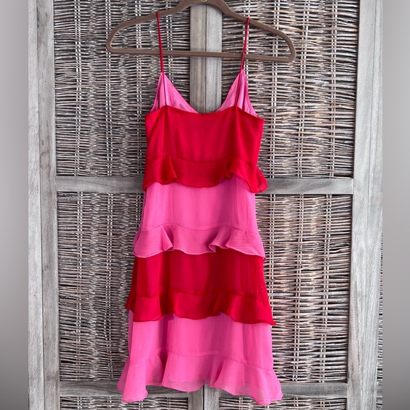 Never Fully Dressed layered ruffled mini dress in tiered red and pink. Size 2. - Picture 2 of 7